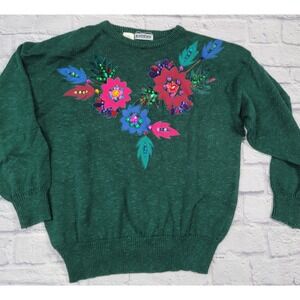 Vintage Mariea Kim sz Large Green Knit‎ Sweater Beaded Embellished Flowers Korea
